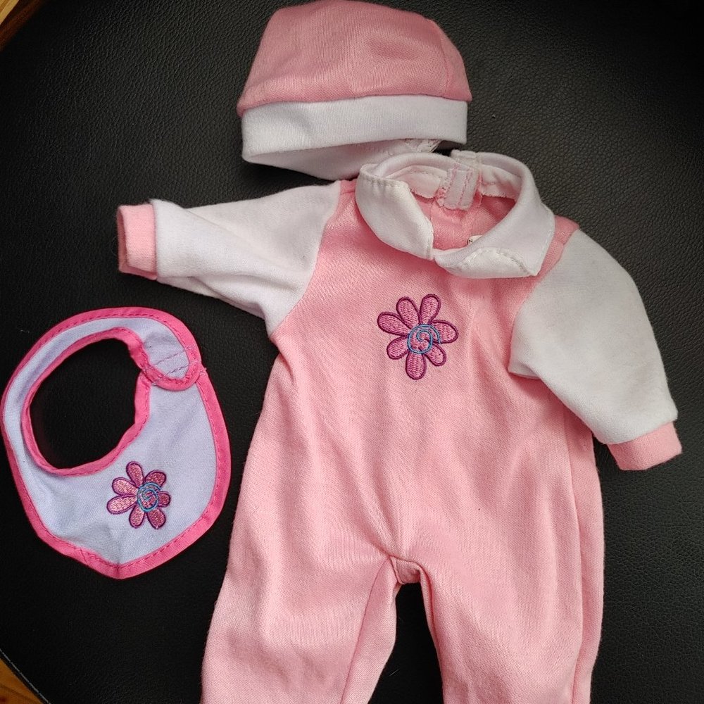 12" Doll Clothes set - Onesie, Bib, and Hat, Brand Name Unknown, Made in China.
